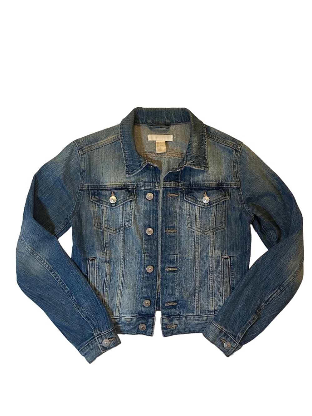 H&M Cropped Denim Jacket Size 2 Medium Wash Distressed Casual Y2K